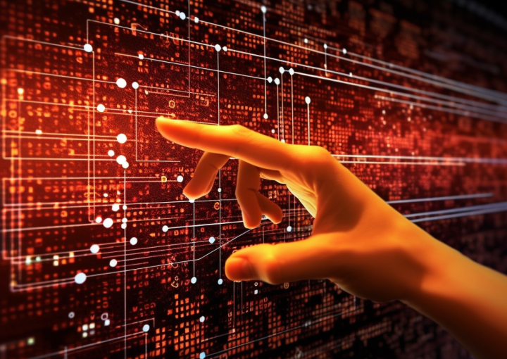 Hand pointing to a lit-up digital display.