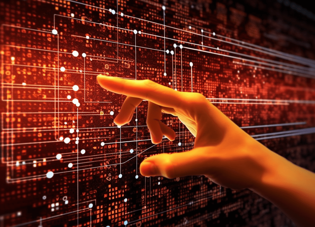 Hand pointing to a lit-up digital display.