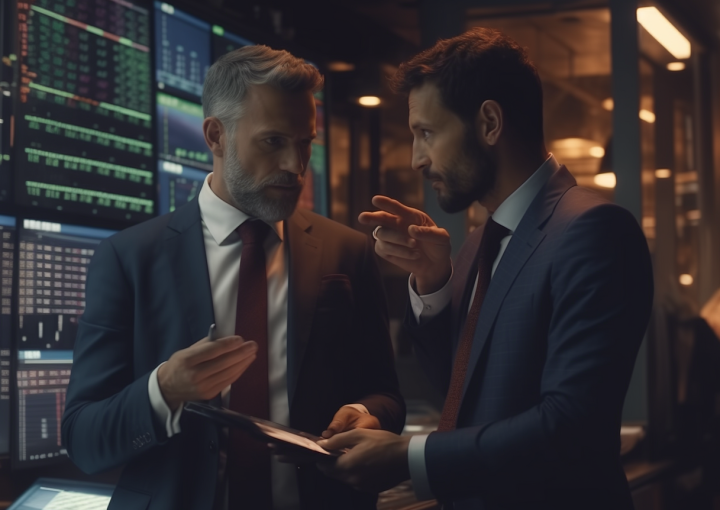 Two business men talking closely.
