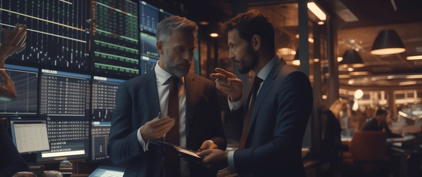 Two business men talking closely.