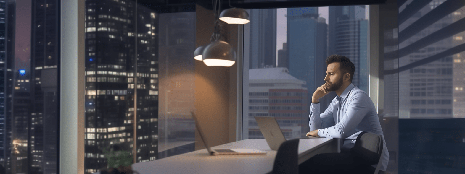 Business man sitting at a desk in a high rise office.
