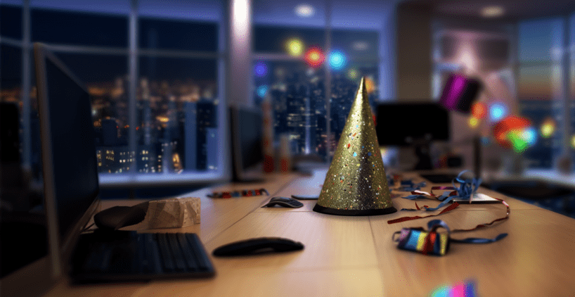 Image of New Year's Eve party hat on an office desk.